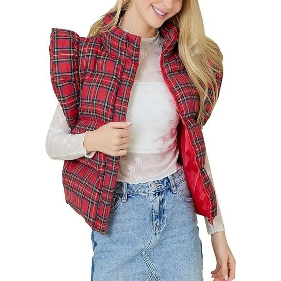 Unbranded Jackets & Blazers - Plaid Puffer Vests Ruffle Sleeveless Lightweight Quilted Vest, Winter Padded, XL